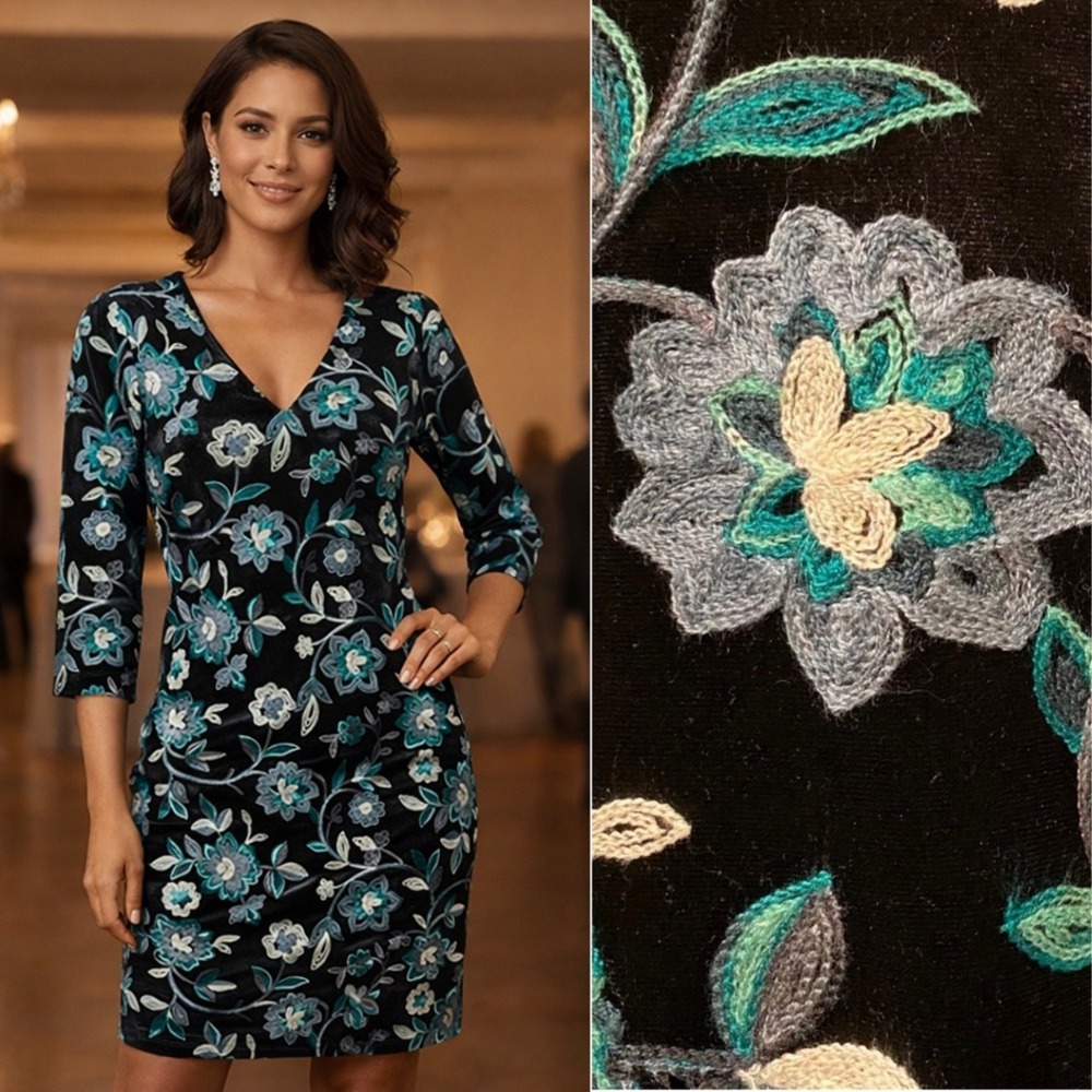 KAREN KANE Floral Embroidered Velvet Sheath Dress Small Dark Romantic Party USA